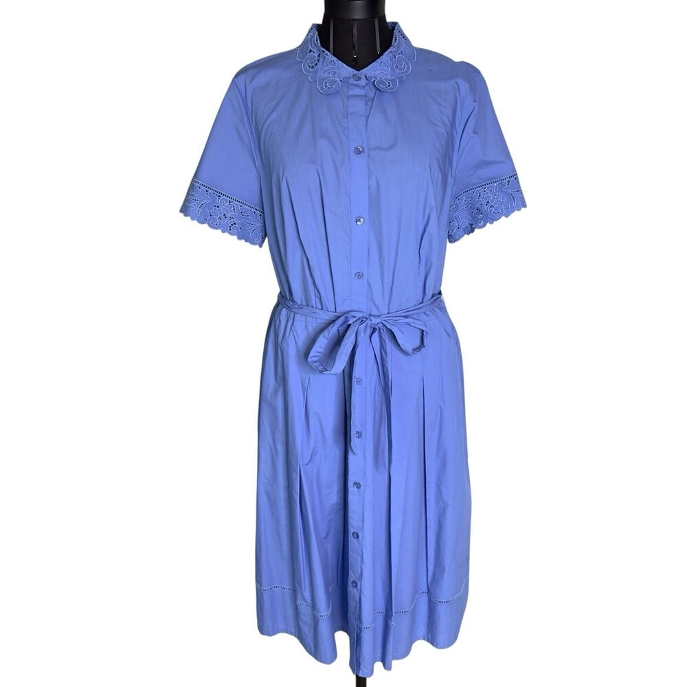 Talbots Pretty Blue Short Sleeve Shirt Dress 100% Cotton With Belt & Pockets 16
